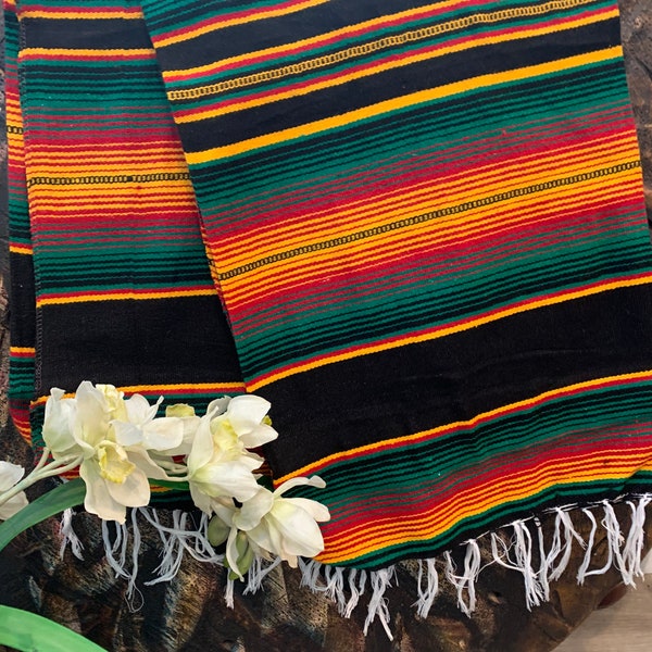 Rasta Serape Mexican Blanket black, green red and yellow extra large