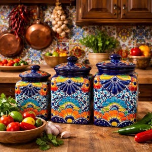 Canister Set of three talavera : Cobalt Blue Rim, Floral dark blue  flowers  Art