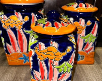 Hand-Painted Talavera Canister Set: Coastal Fish Design, Cobalt Blue, 3-Piece