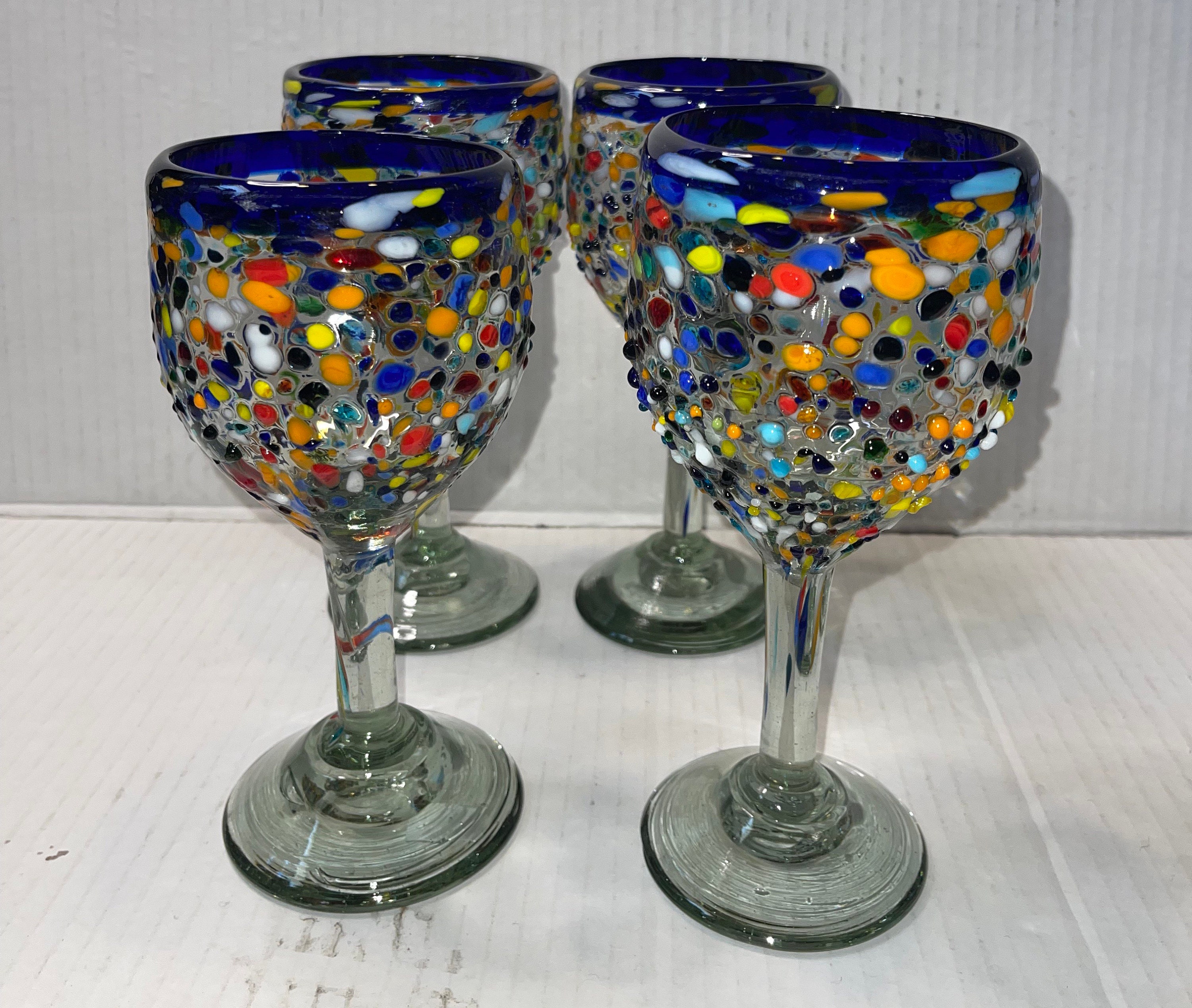 Hand Blown Mexican Stemless Wine Glasses - Set of 6 Glasses with Cobalt  Blue Rims 15 oz