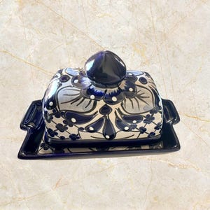 Handmade Talavera Butter Dish: Cobalt Blue Floral Design