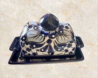 Handmade Talavera Butter Dish: Cobalt Blue Floral Design