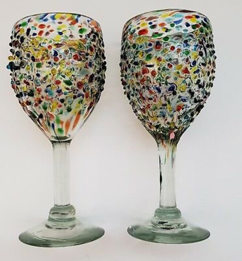 Hand blown Mexican wine goblets Glasses Confetti and Pebbled Etsy