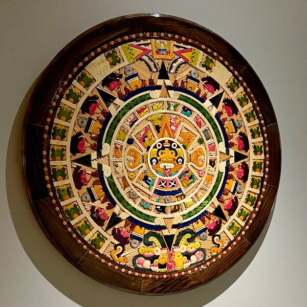 Wood Calendar Rare hand carved Mosaic Aztec  piece art unique beautiful hand craved detail 23“ width