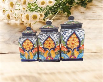 Talavera Canisters set of 3 Cobalt Blue Rim multicolor floral design