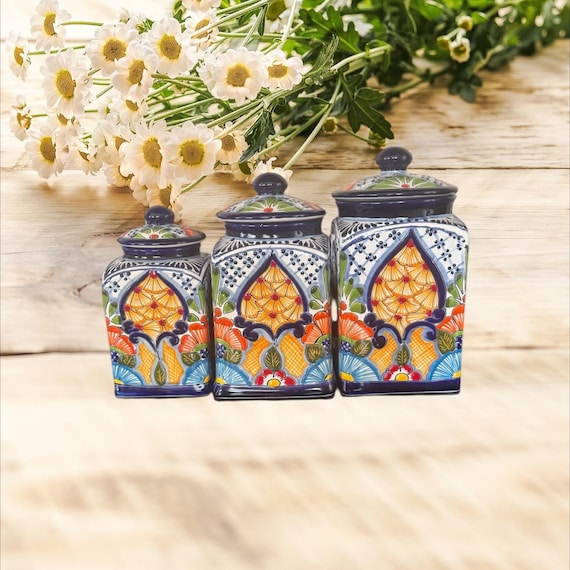 Talavera Canisters Set of 3 Cobalt Blue Rim Multicolor  display picture 3