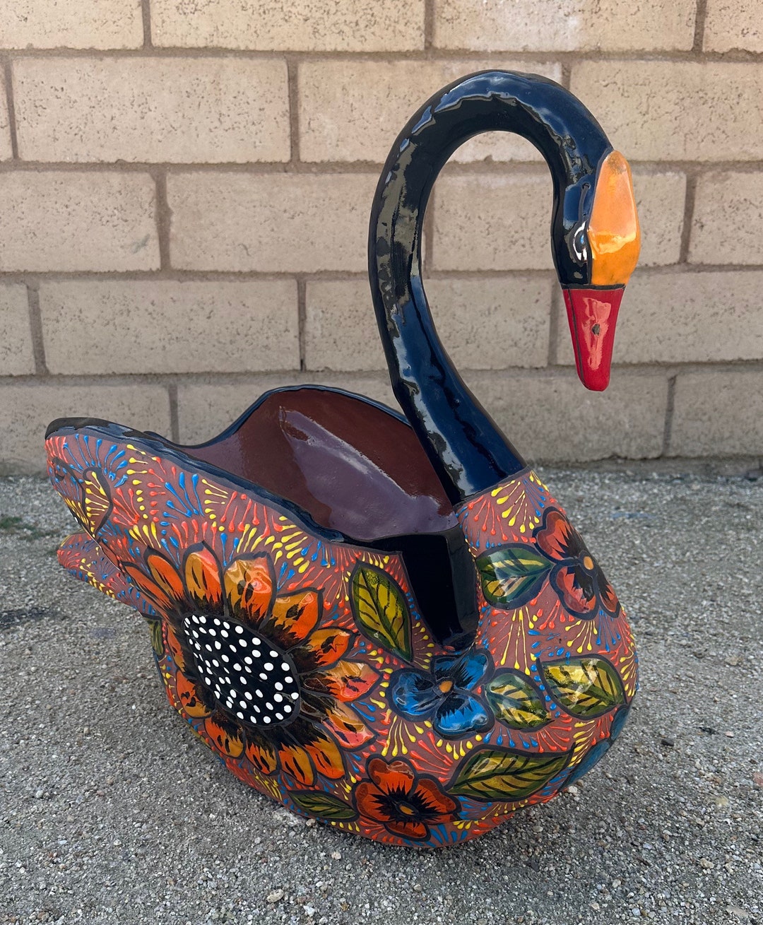 Terracotta Swan Planter With Sunflowers and Butterflies Flowers Black