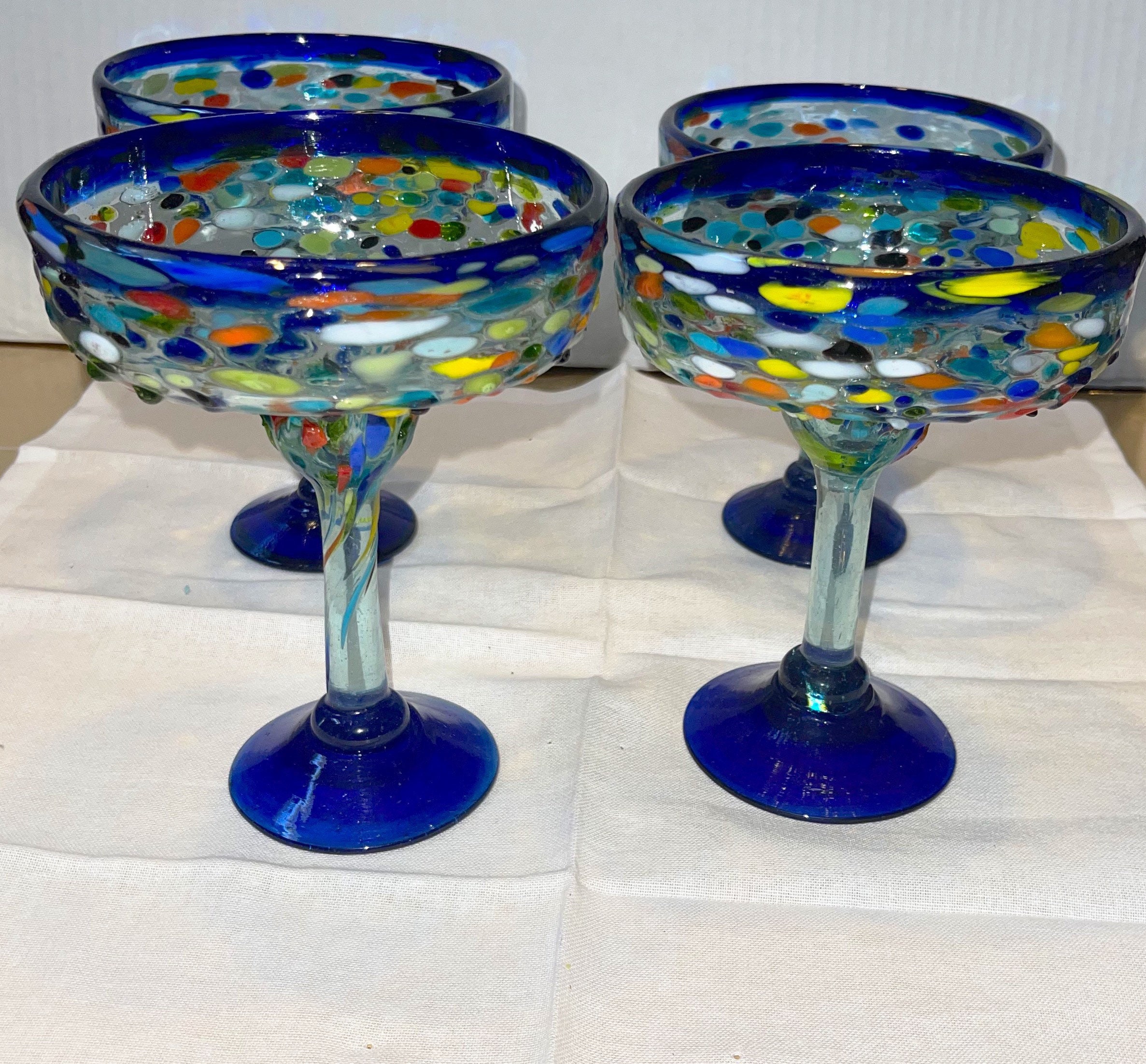 Mexican Hand Blown Glass – Set of 4 Hand Blown Modern Margarita Glasses - Confetti Rock (12 oz)