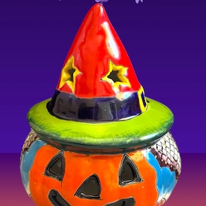 Zucca di Talavera con cappello Jack o lantern portacandele Zucca di ceramica di Halloween