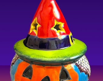 Talavera pumpkin with hat Jack o lantern candle holder Halloween Ceramic pumpkin