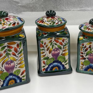 Talavera Canister set of 3 Large Green multicolor floral Hand Painted Hand crafted and hand painted beautiful XL