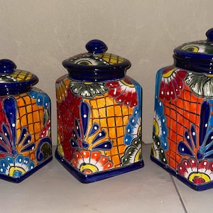 Talavera Canister set Talavera 3 Piece  Handcrafted Folk art Mexico Ceramic, Floral, Colorful, Vibrant colors brighten your kitchen