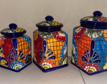 Talavera Canister set Talavera 3 Piece  Handcrafted Folk art Mexico Ceramic, Floral, Colorful, Vibrant colors brighten your kitchen