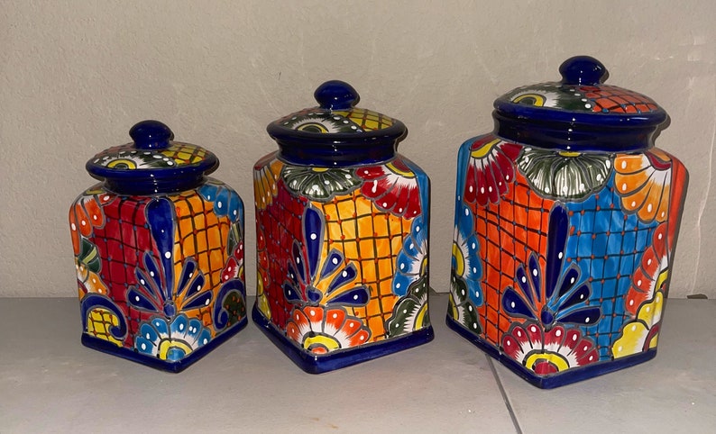 bright colourful tea coffee sugar canister set talavera style