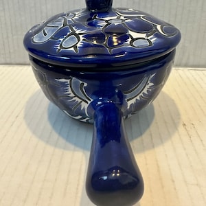 Talavera Salsa bowl blue and white with a handle  comes with ceramic spoon beautiful hand painted