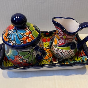 Talavera Creamer, Sugar Bowl & Tray Set: Hand-Painted Mexican Pottery