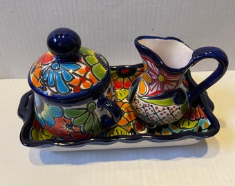 Talavera 3 piece set Creamer,Sugar and Tray coffee or tea set beautiful colors