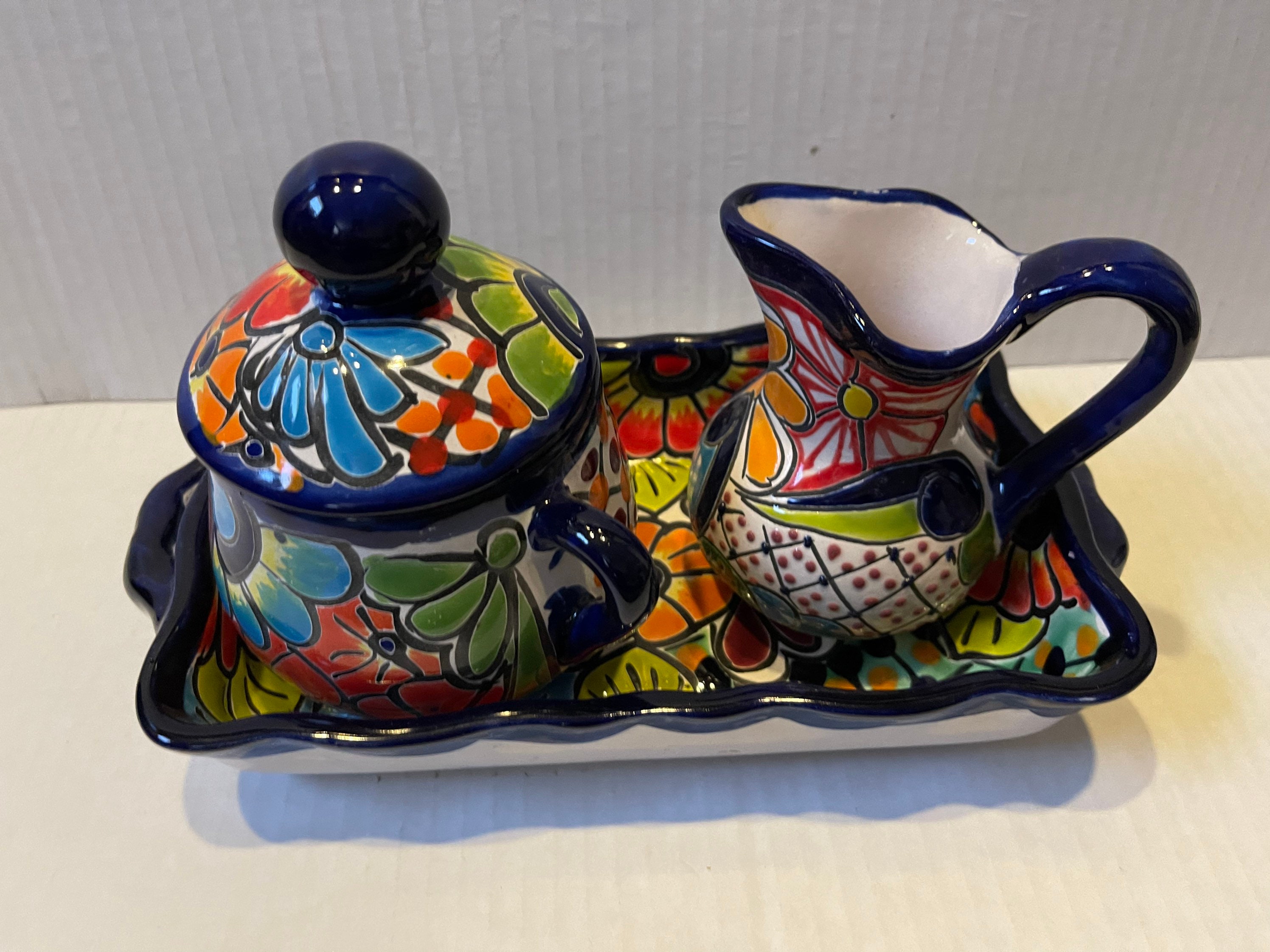 ensemble 3 pièces talavera, bouilloire, sucre et service à café ou thé plateau de belles couleurs