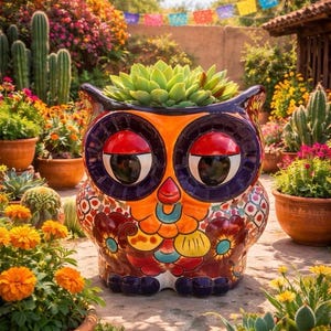 May include: A ceramic owl-shaped planter featuring a vibrant, multi-colored hand-painted design with large, expressive eyes and floral patterns. The planter is filled with a green succulent plant and sits among various potted plants in a garden.
