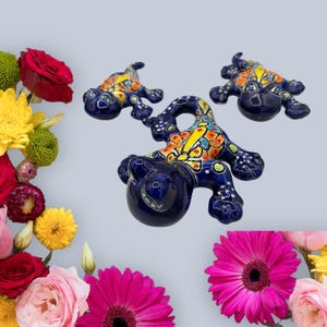 Talavera Geckos Set von 3 schönen handbemalten Coblat Blau mit bunt
