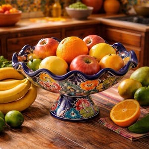 May include: A ceramic pedestal bowl with a scalloped rim and a hand-painted floral pattern in blue, orange, red, and green. The bowl is filled with a variety of fresh fruit, including red apples, oranges, and limes, resting on a wooden surface.