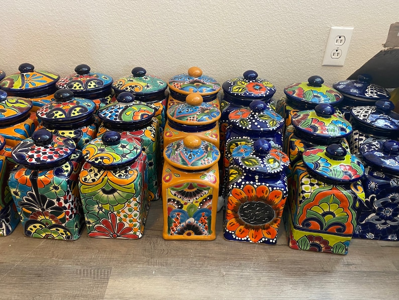 Canister set Talavera 3 Piece Handcrafted Folk art Talavera Mexico Ceramic, Floral, Colorful, Vibrant variety of colors to choose from image 3