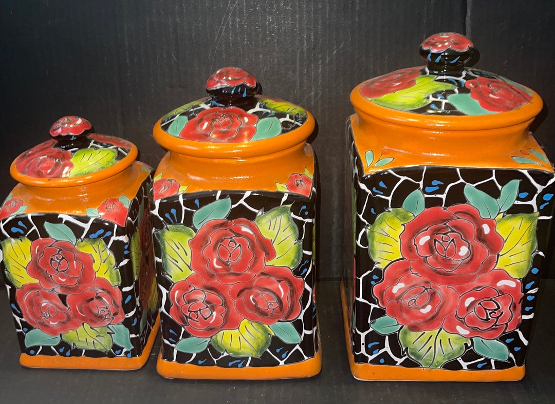 Canister Set 3 Piece Talavera Orange Rim Red Roses and Black Background