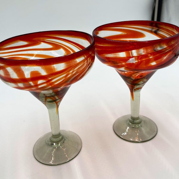 Margaritas glasses orange swirl Set of 2 ,4  or 6 Hand blown 5.5” X 7” elegant Glass classic sturdy strong 16 oz