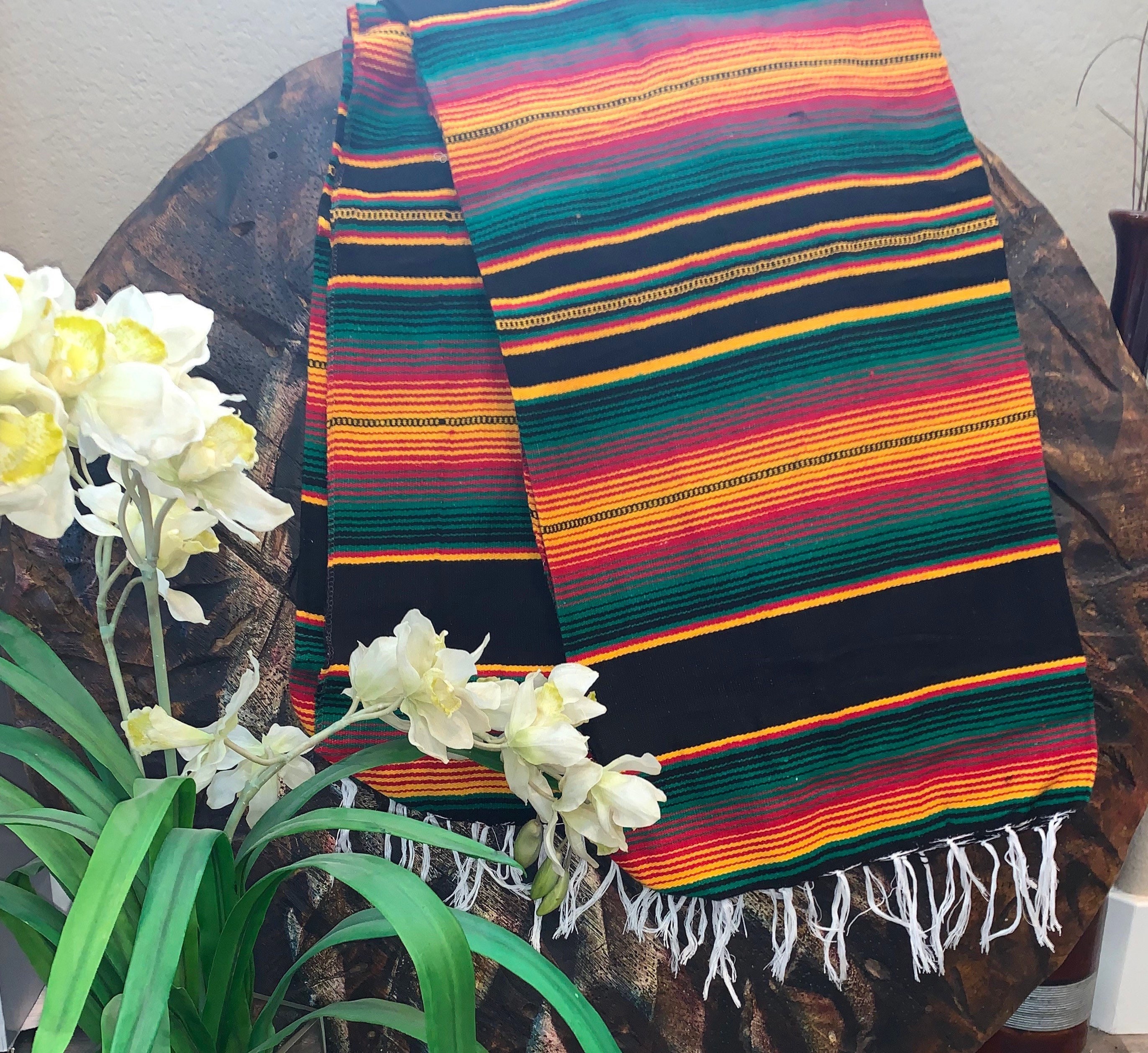 Rasta Serape Mexican Blanket Black, Green Red and Yellow Extra