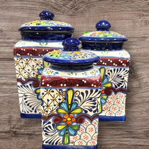 Talavera Canister set 3 Piece cobalt blue with burgany accent trim multicolored floral Handcrafted XL set.