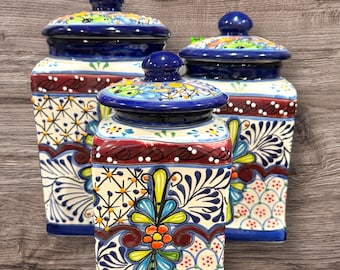 Canister Set: Cobalt Blue Floral, 3 Piece Handcrafted Talavera