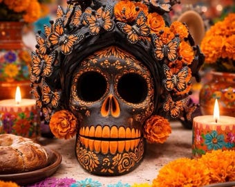 Día de los Muertos black Skull with orange butterflies Decor Handmade