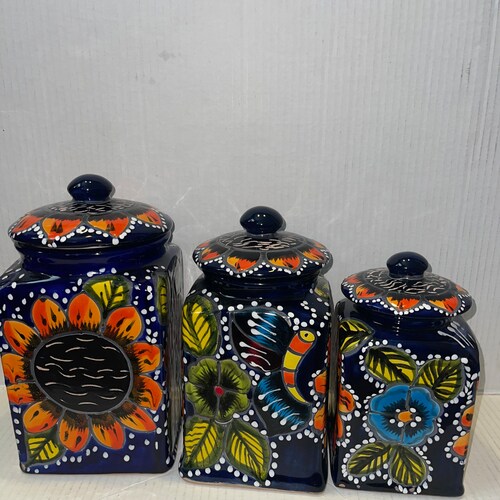 Canister set of 3 Large Cobalt blue Orange sunflower on one side the sides muiticuolor Hand Painted Hand shops crafted beautiful XL