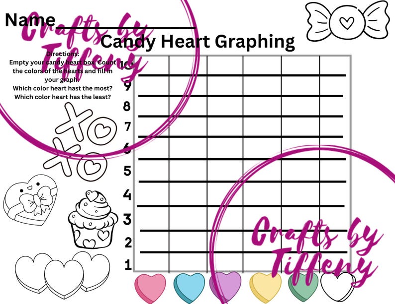 May include: A printable worksheet for a candy heart graphing activity. The worksheet includes a grid, directions, and a space to draw candy hearts. The text on the worksheet reads "Crafts by Tiffany Candy Heart Graphing".