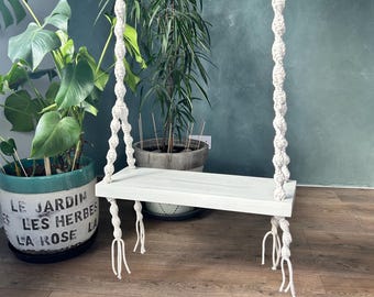 Handmade Macrame Indoor Swing, Boho Hanging Chair, Pine Wood Seat