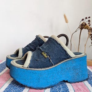 Vintage 90s Swear Platform Shoes - UK 7 | Iconic Denim & Blue Chunky Soles