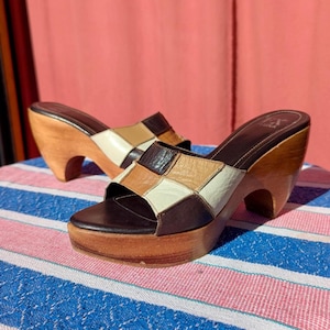Vintage 90s Fluxà Patchwork Leather Heeled Sandals – UK 5 – Chunky Wooden Sole
