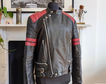 Vintage 1980s 80s French Black Red Leather Cafe Racer Jacket Vintage 1980s 80s French Black Red Leather Cafe Racer Jacket