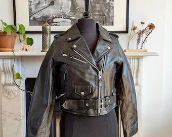 Vintage Women's Cropped Leather Motorcycle Jacket - Size S (8)