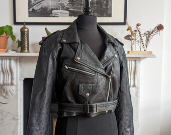 Vintage Cropped Black Leather Biker Jacket, L