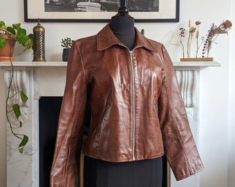 Vintage 90s Y2k Brown Leather Jacket Woman FABIANI L 90s Retro
