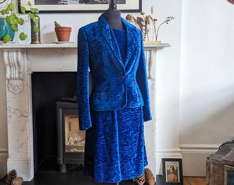 Vestido y blazer de terciopelo azul rey Versace, años 90, talla S (6-8)