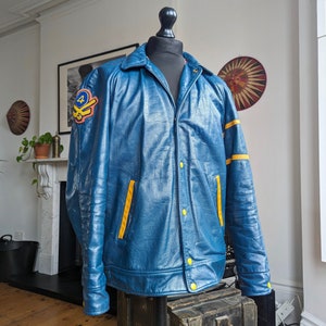 Vintage 1970&#39;s Deep Blue, USA, Leather Hockey Jacket, 46 (L) Tall