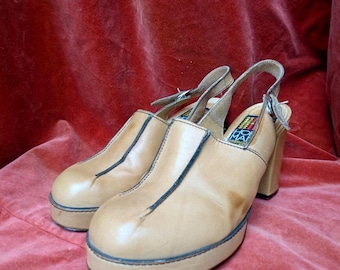 Vintage 70s Beige Leather Platform Heels by Hoffmann – UK 5 / EU 38