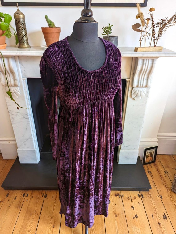 Vintage 90s Crushed Velvet, Purple Maxi Dress, 8-… - image 2