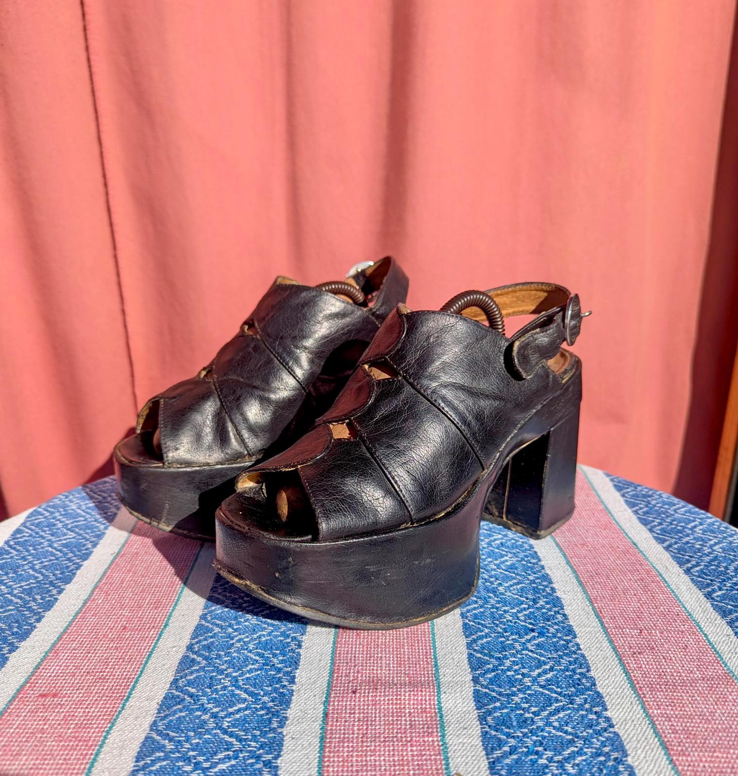 Vintage 70s Black Leather Platform Heels | UK 6 / EU 39 | Glam | Boho