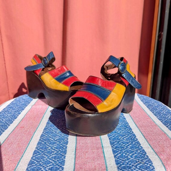 Vintage 70s Patchwork Leather Platform Sandals UK EU