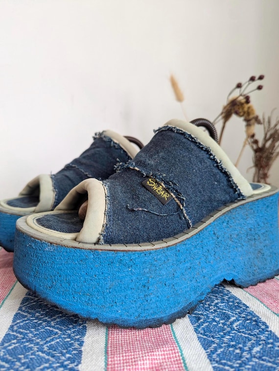Vintage 90s Swear Platform Shoes UK Iconic Denim Blue Chunky Soles