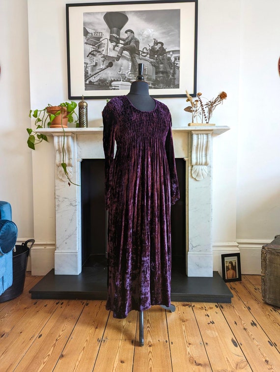 Vintage 90s Crushed Velvet, Purple Maxi Dress, 8-… - image 1