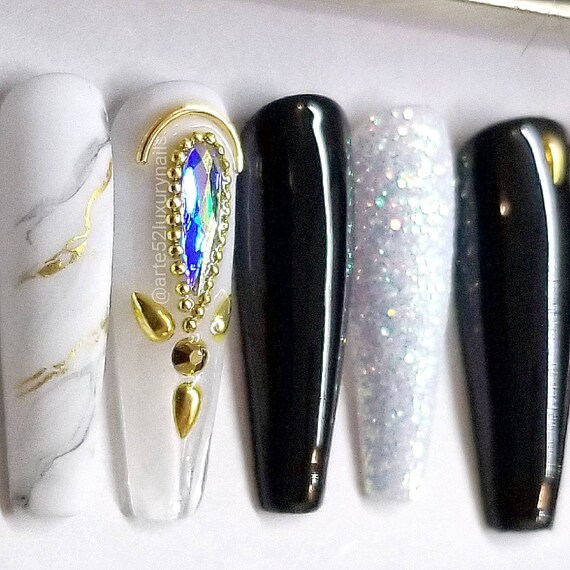 Luxe Black White Marble Press On Nails Swarovski Marble Etsy